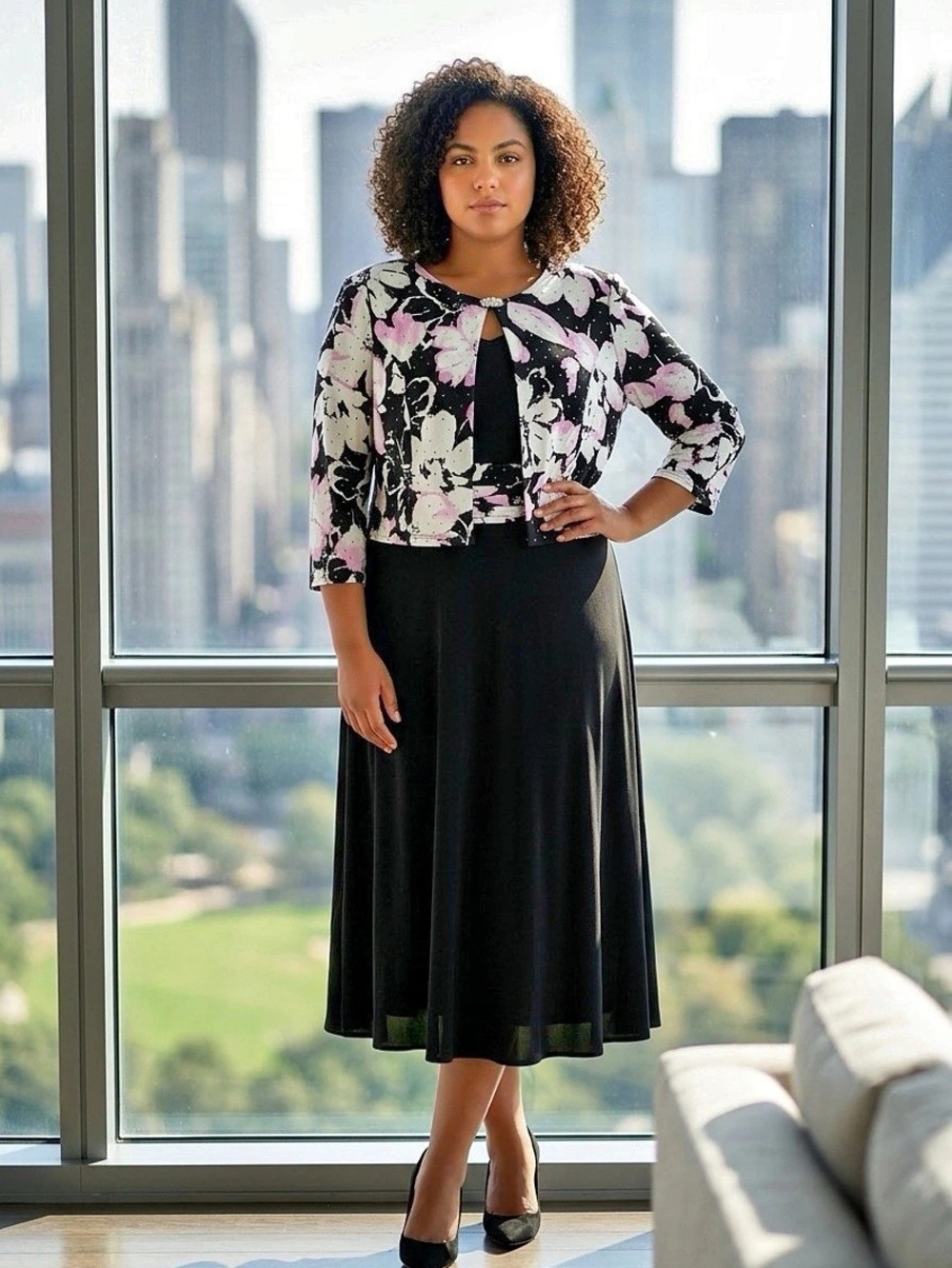 Floral Midi Dress in Black & Pink - New